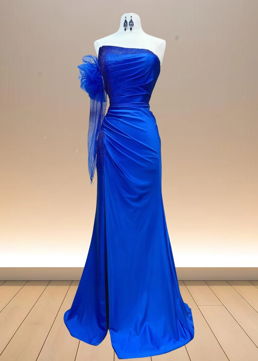 Delilah | Elegant Royal Blue Strapless Beaded Satin Formal Dress with Crystal Accents – A Royal Touch for Glamorous Events - Royal Blue - PromDressClub