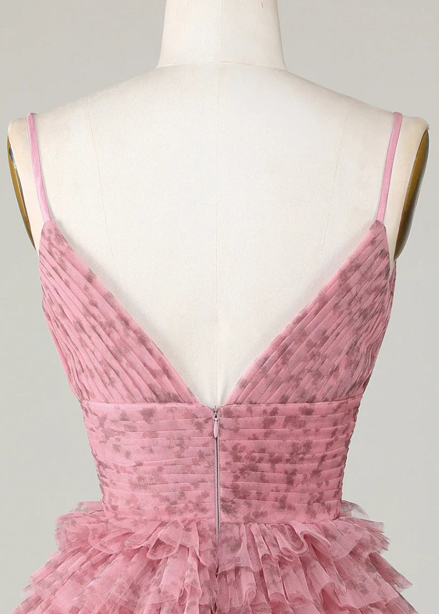 Demelza | Stunning Pink Homecoming Dress: V - Neck & Layered Ruffled Tulle - Blush Floral - PromDressClub