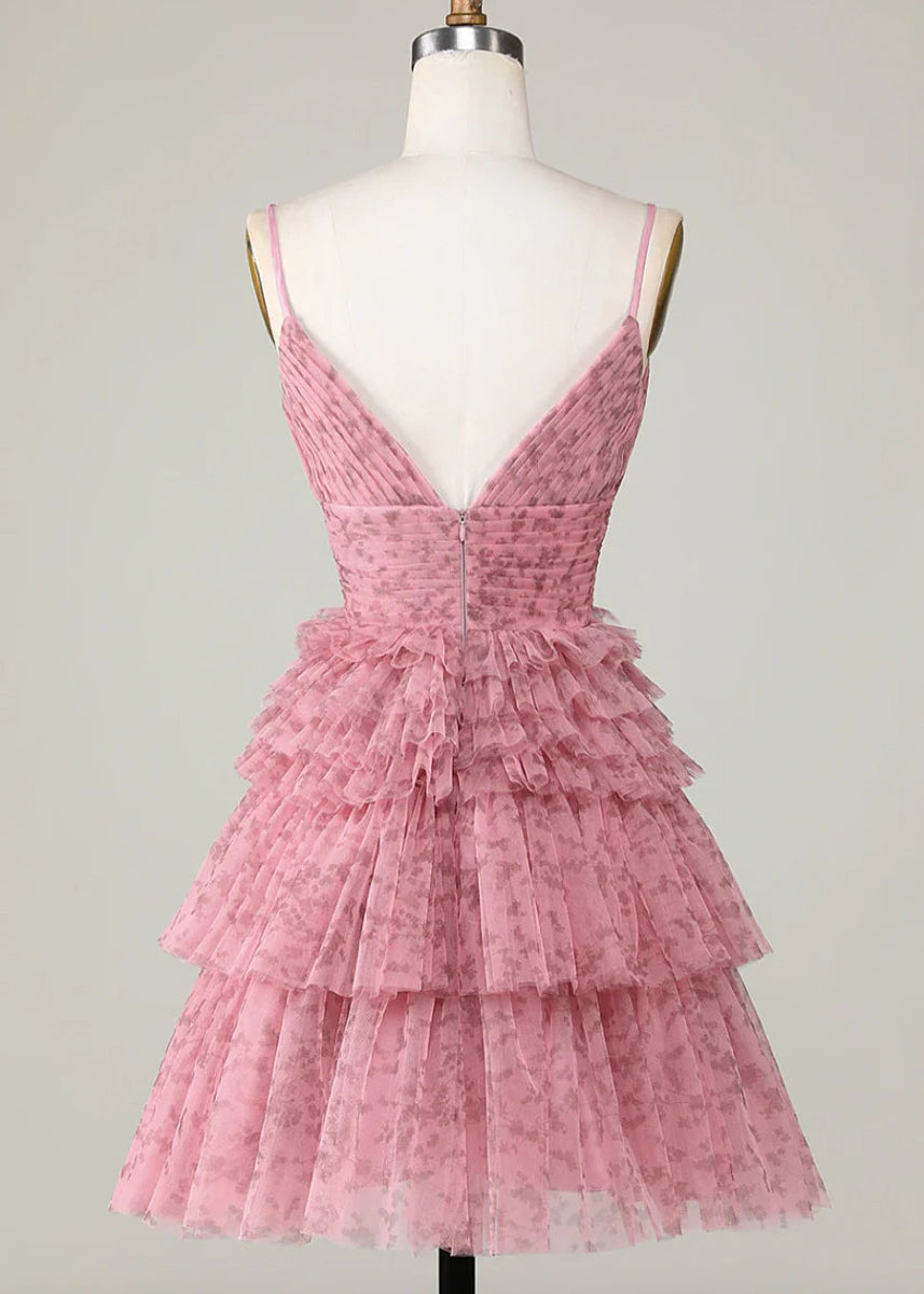 Demelza | Stunning Pink Homecoming Dress: V - Neck & Layered Ruffled Tulle - Blush Floral - PromDressClub