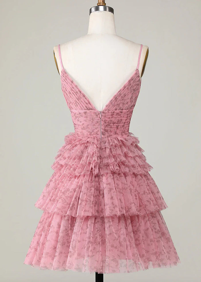 Demelza | Stunning Pink Homecoming Dress: V - Neck & Layered Ruffled Tulle - Blush Floral - PromDressClub