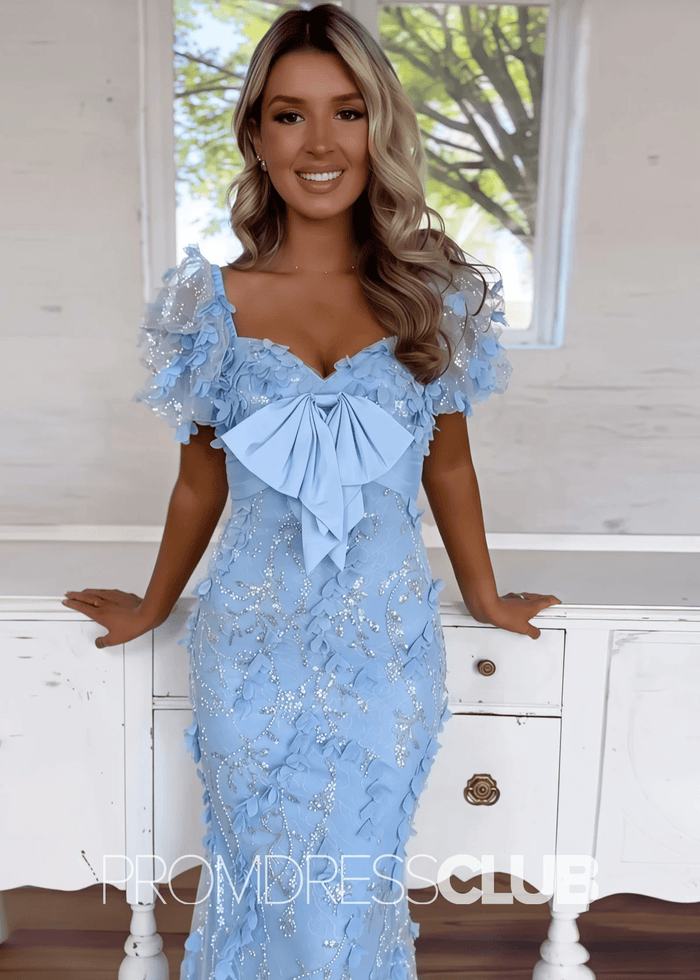 Denise |Blue Prom Dresses Long Mermaid Short Sleeves Appliques with Bow - Light Blue - PromDressClub