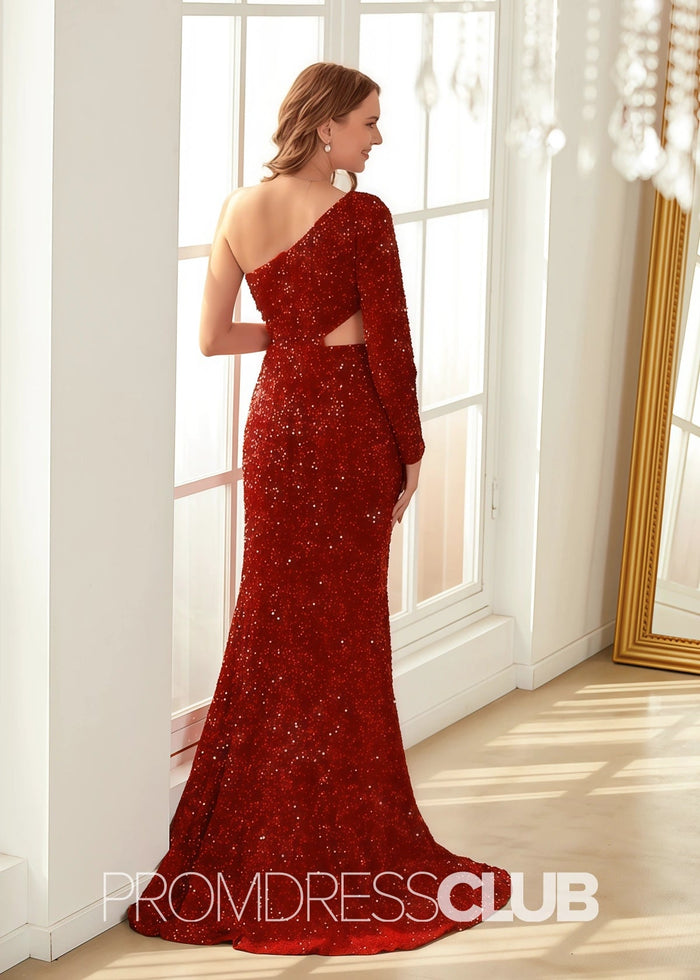 Denise |Long Red Prom Dress Sequins With Mermaid One Shoulder Silt - Price #price_variant_lowest# - Red - PromDressClub