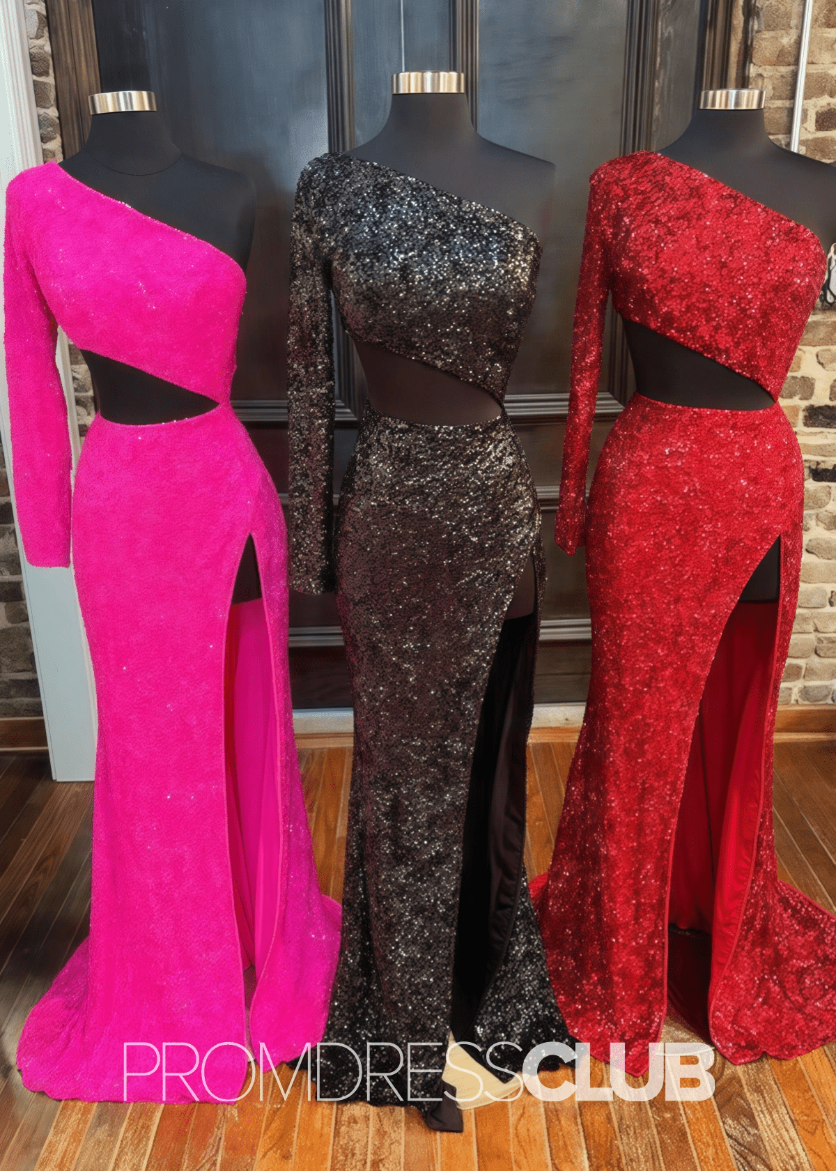 Denise |Long Red Prom Dress Sequins With Mermaid One Shoulder Silt - Price #price_variant_lowest# - Black - PromDressClub