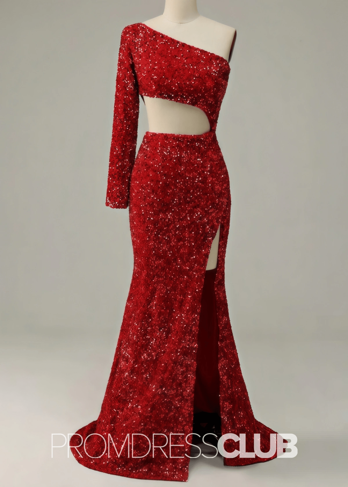 Denise |Long Red Prom Dress Sequins With Mermaid One Shoulder Silt - Price #price_variant_lowest# - Red - PromDressClub