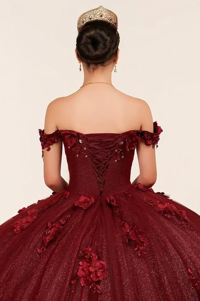 Desiree | Burgundy Flower Quinceanera Dresses Off the Shoulder : A Blend of Grace and Glamour - Burgundy - PromDressClub
