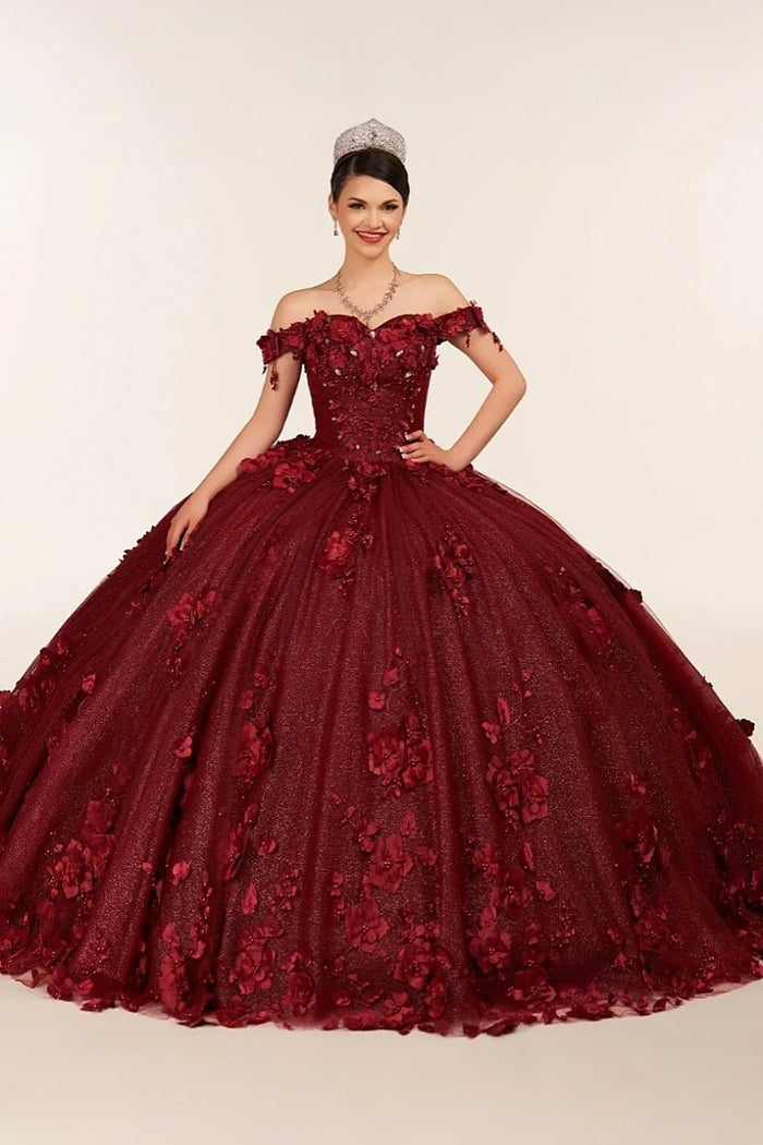 Desiree | Burgundy Flower Quinceanera Dresses Off the Shoulder : A Blend of Grace and Glamour - Burgundy - PromDressClub