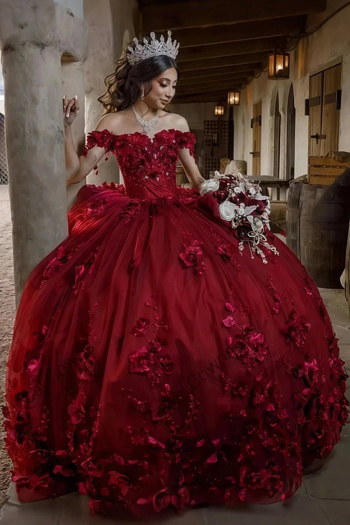 Desiree | Burgundy Flower Quinceanera Dresses Off the Shoulder : A Blend of Grace and Glamour - Burgundy - PromDressClub