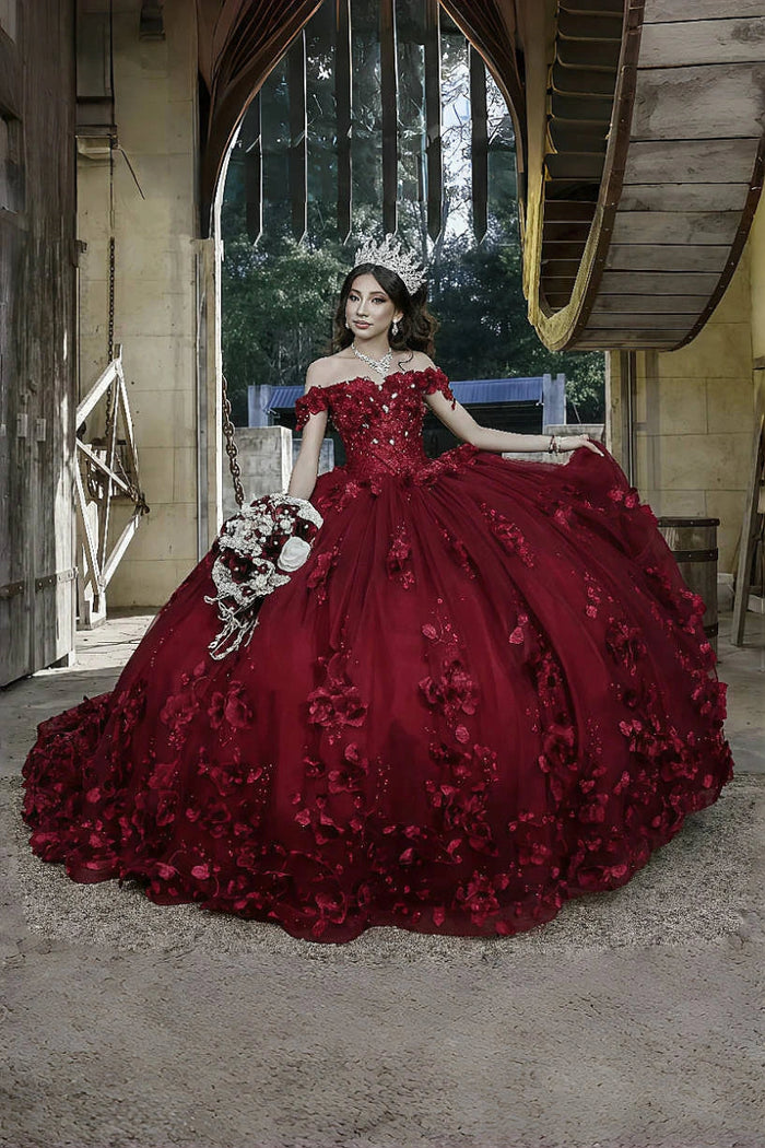 Desiree | Burgundy Flower Quinceanera Dresses Off the Shoulder : A Blend of Grace and Glamour - Burgundy - PromDressClub