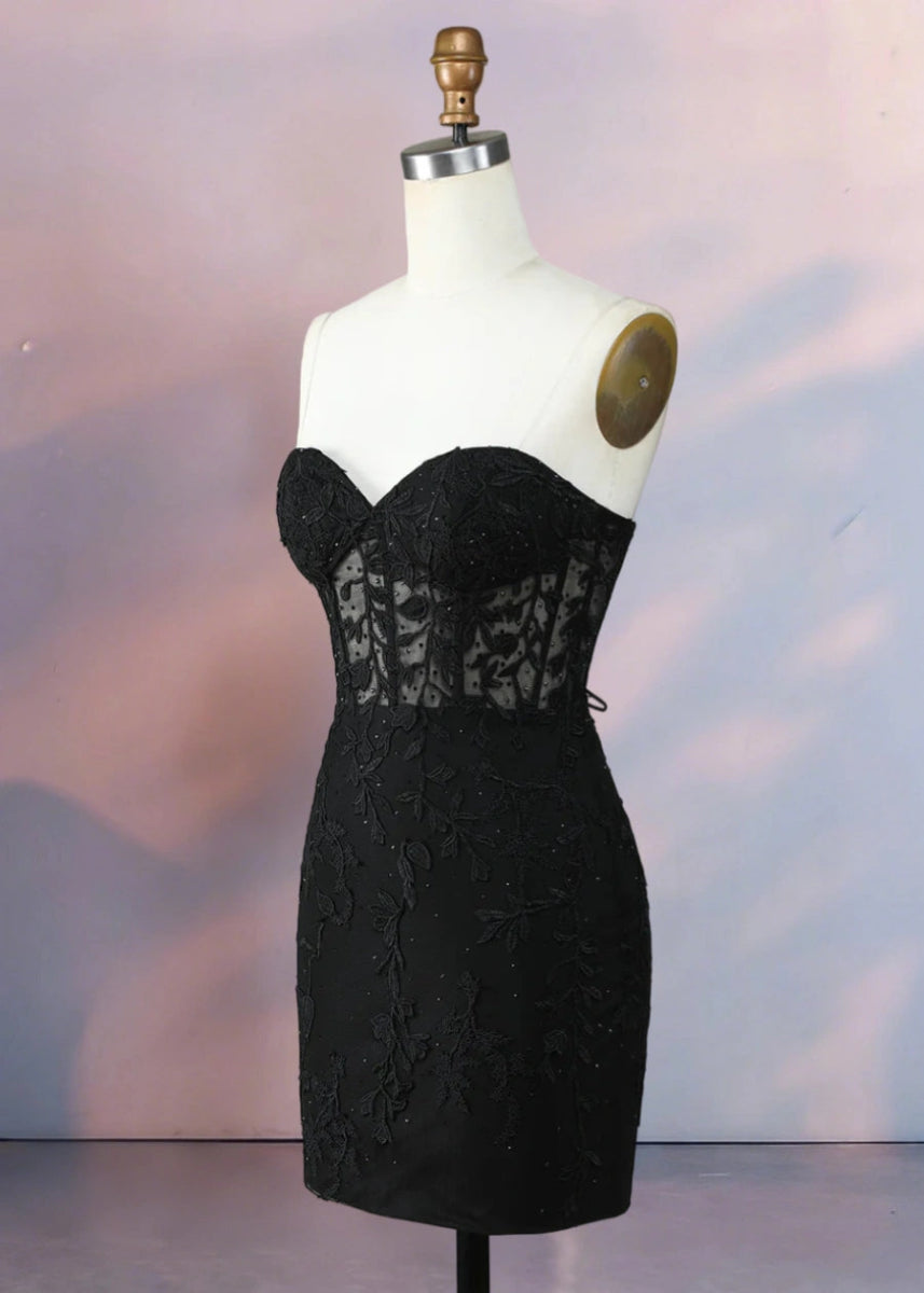 Despina | Dazzle in Black: Lace Short Strapless Homecoming Dress with Sparkling Details - Black - PromDressClub