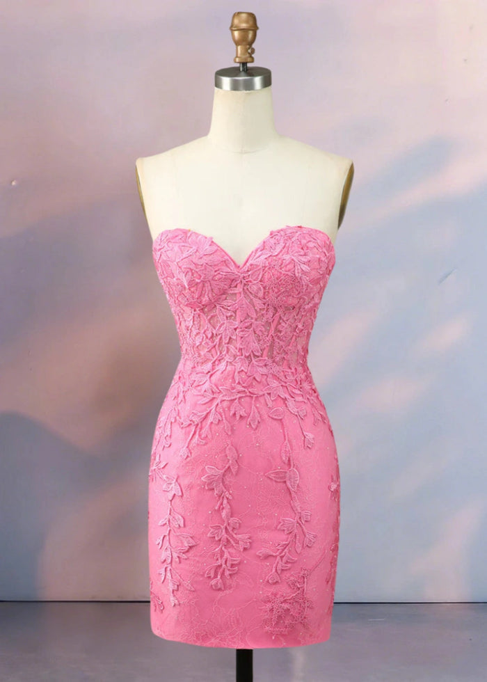 Despina | Dazzle in Black: Lace Short Strapless Homecoming Dress with Sparkling Details - Hot Pink - PromDressClub