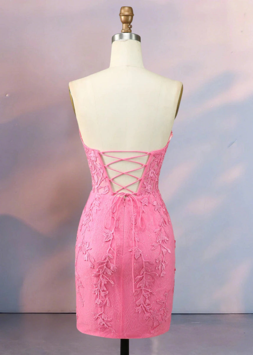 Despina | Dazzle in Black: Lace Short Strapless Homecoming Dress with Sparkling Details - Hot Pink - PromDressClub