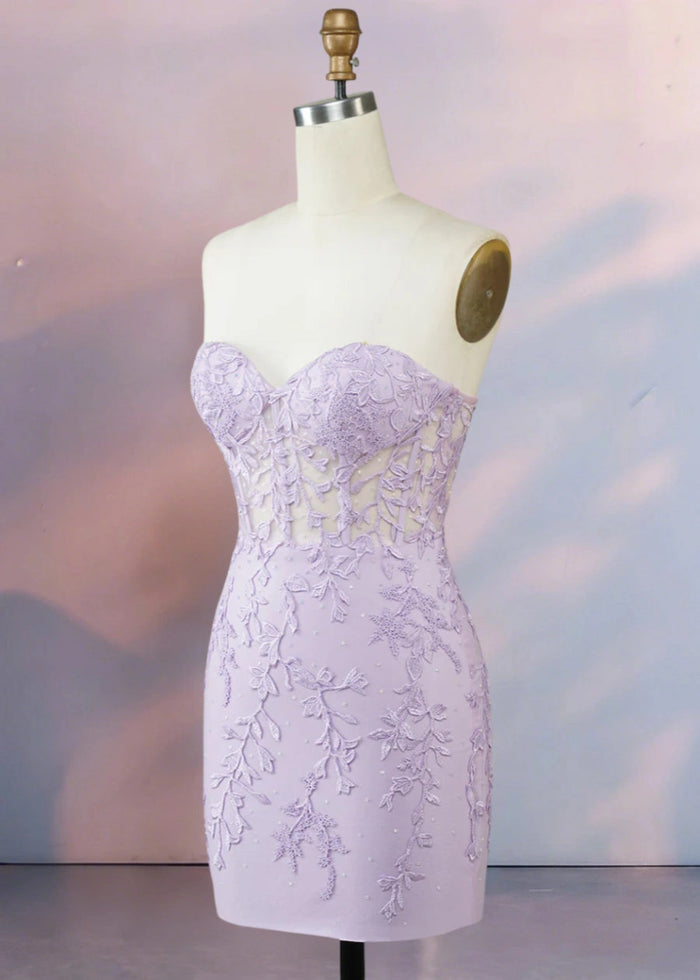 Despina | Dazzle in Black: Lace Short Strapless Homecoming Dress with Sparkling Details - Lavender - PromDressClub