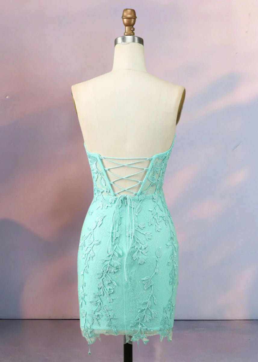 Despina | Dazzle in Black: Lace Short Strapless Homecoming Dress with Sparkling Details - Light Green - PromDressClub