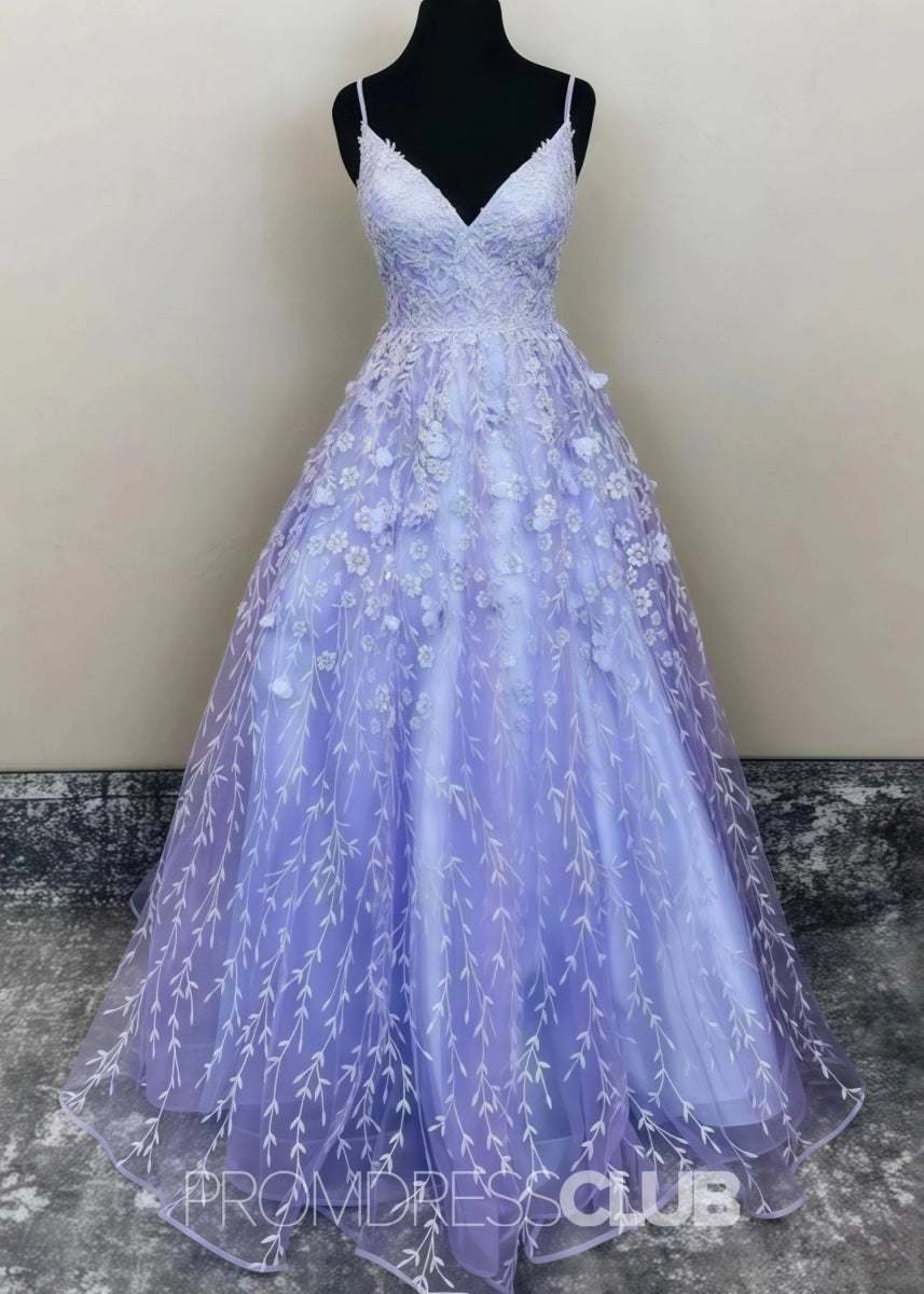 Diana |Long Gold Prom Dress Lace With A Line Spaghetti Straps Appliques - Lilac - PromDressClub