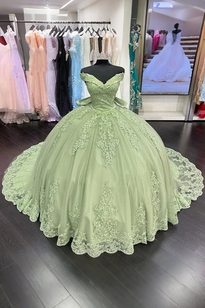 Diana | Sage Green Quinceanera Dresses with Bow - Available in Red, Royal Blue, Black & Navy Blue - Sage - PromDressClub