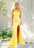 Diana | Yellow Strapless Formal Dress with Ruffles & Side Slit – Elevate Your Gala Look | Buy Pink & Yellow Formal Dresses Online - Yellow - PromDressClub