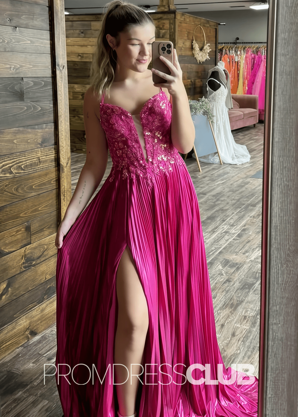 Dinah |Fuchsia Prom Dresses Long A Line Pleated Corset with Slit - Fuchsia - PromDressClub