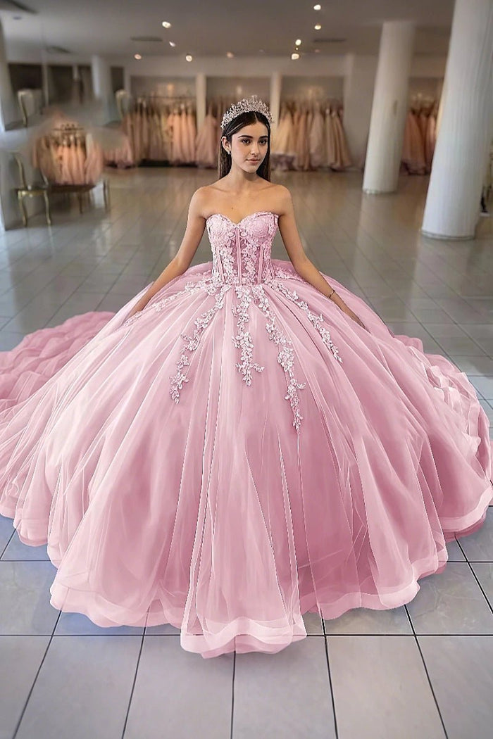Dolores | Exquisite Lavender Flower Strapless Corset Quinceanera Dresses - Light Pink - PromDressClub