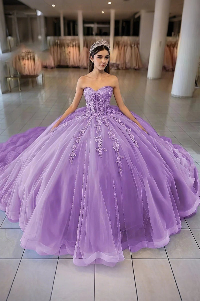 Dolores | Exquisite Lavender Flower Strapless Corset Quinceanera Dresses - Lilac - PromDressClub