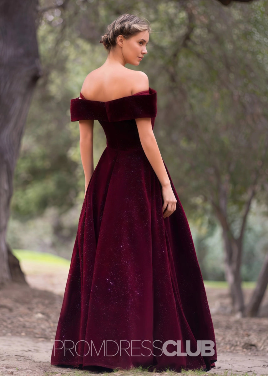 Dolores |Floor Length Burgundy Prom Dress Velvet With A - line Off The Shoulder - Burgundy - PromDressClub