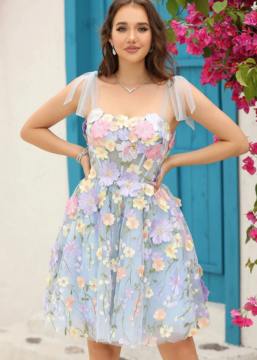 Domino | Stand Out in Enchanting Flower Homecoming Dresses This Season - Light Blue Floral - PromDressClub