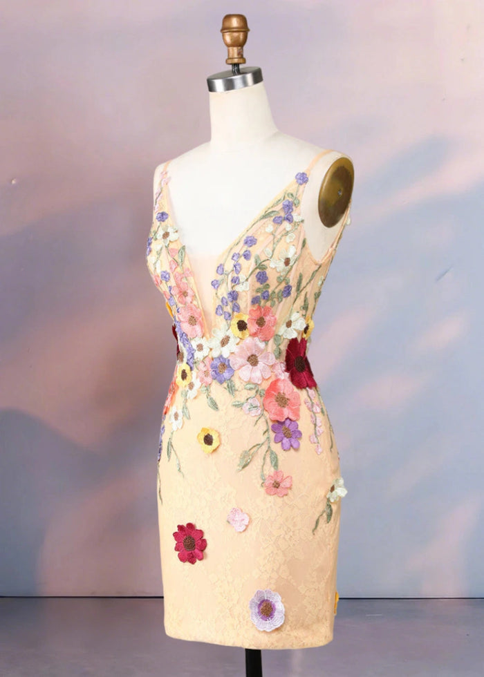 Domizia | Stunning Flower Homecoming Dresses That Wow at First Sight - Champagne Floral - PromDressClub