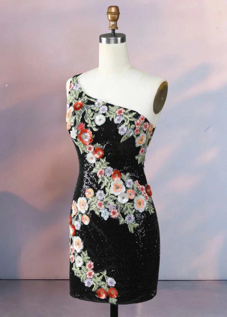 Dondola | Get Noticed in This Black Floral Homecoming Dress with Sequins - Black Floral - PromDressClub