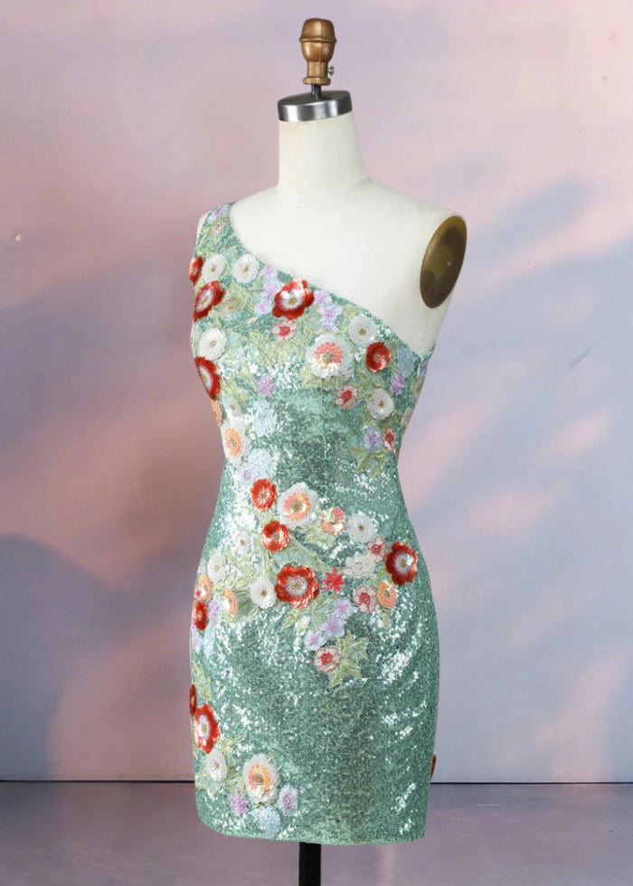 Dondola | Get Noticed in This Black Floral Homecoming Dress with Sequins - Sage Floral - PromDressClub