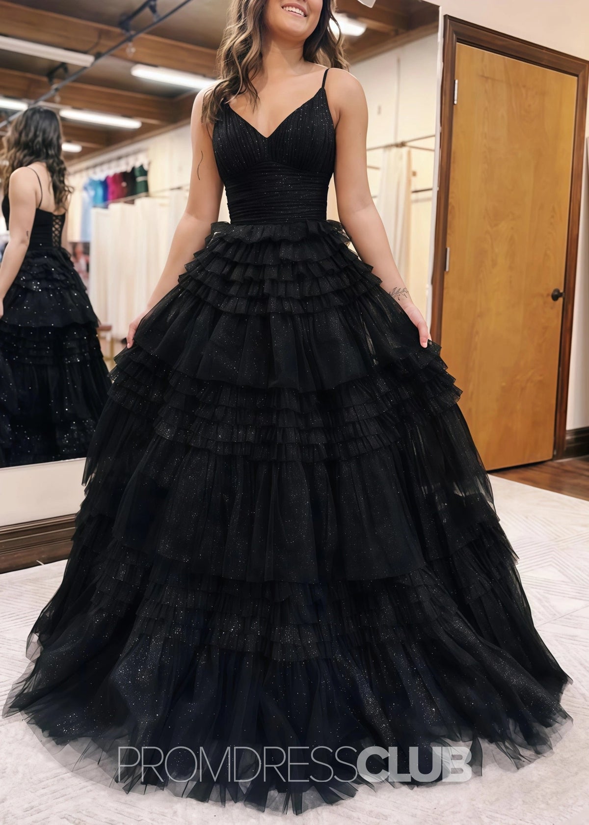 Donna |Long Black Prom Dress Glitter Tulle With A Line Deep V Neck Tiered - Black - US0 - PromDressClub