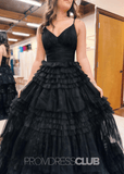 Donna |Long Black Prom Dress Glitter Tulle With A Line Deep V Neck Tiered - Black - US0 - PromDressClub