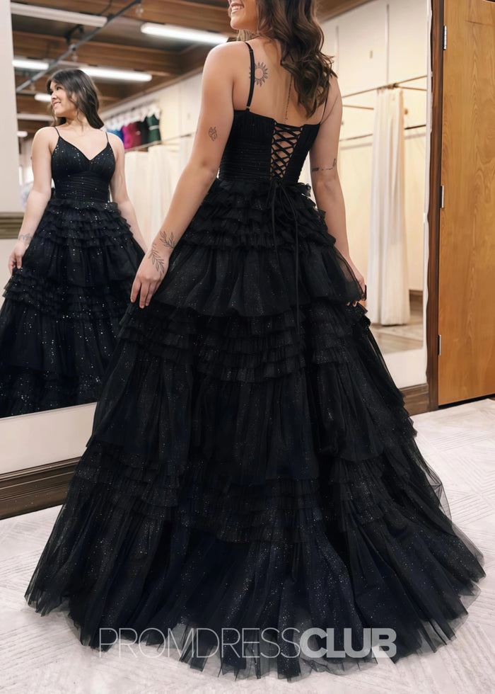 Donna |Long Black Prom Dress Glitter Tulle With A Line Deep V Neck Tiered - Black - PromDressClub