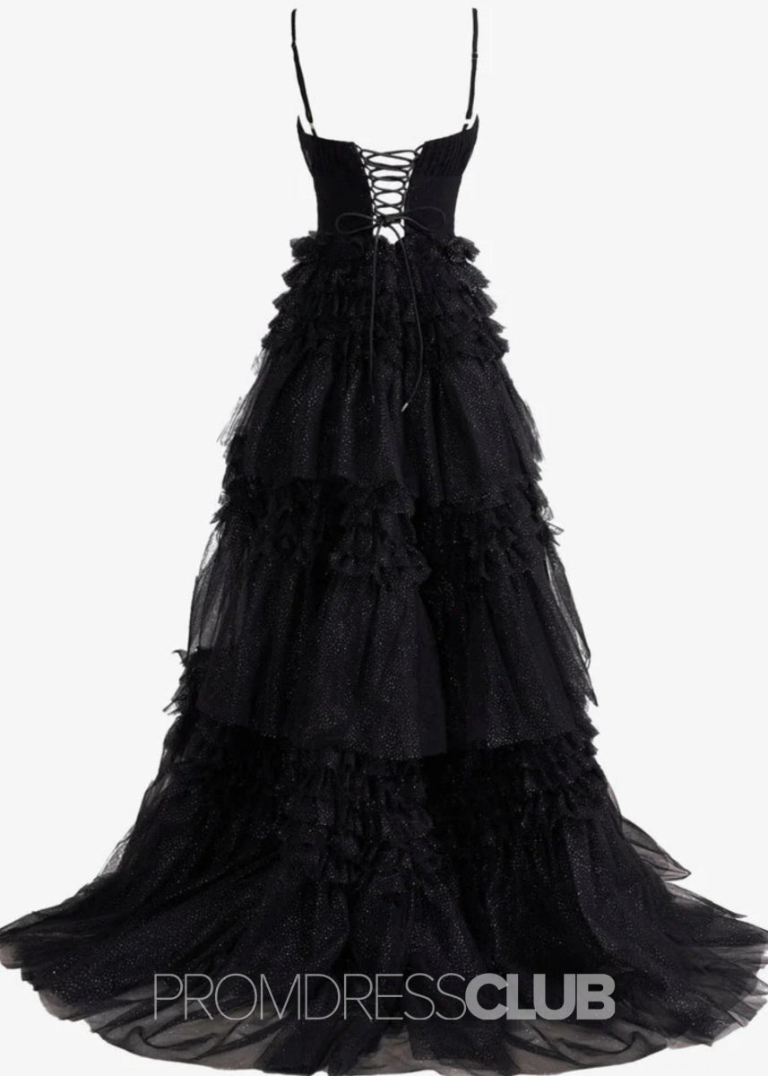 Donna |Long Black Prom Dress Glitter Tulle With A Line Deep V Neck Tiered - Black - PromDressClub