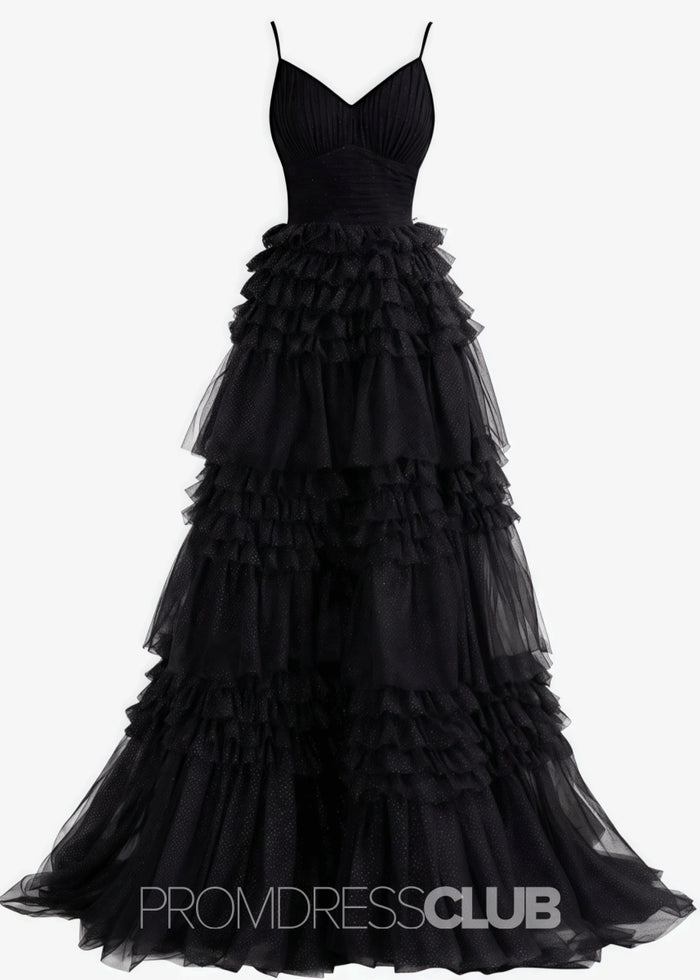 Donna |Long Black Prom Dress Glitter Tulle With A Line Deep V Neck Tiered - Black - PromDressClub