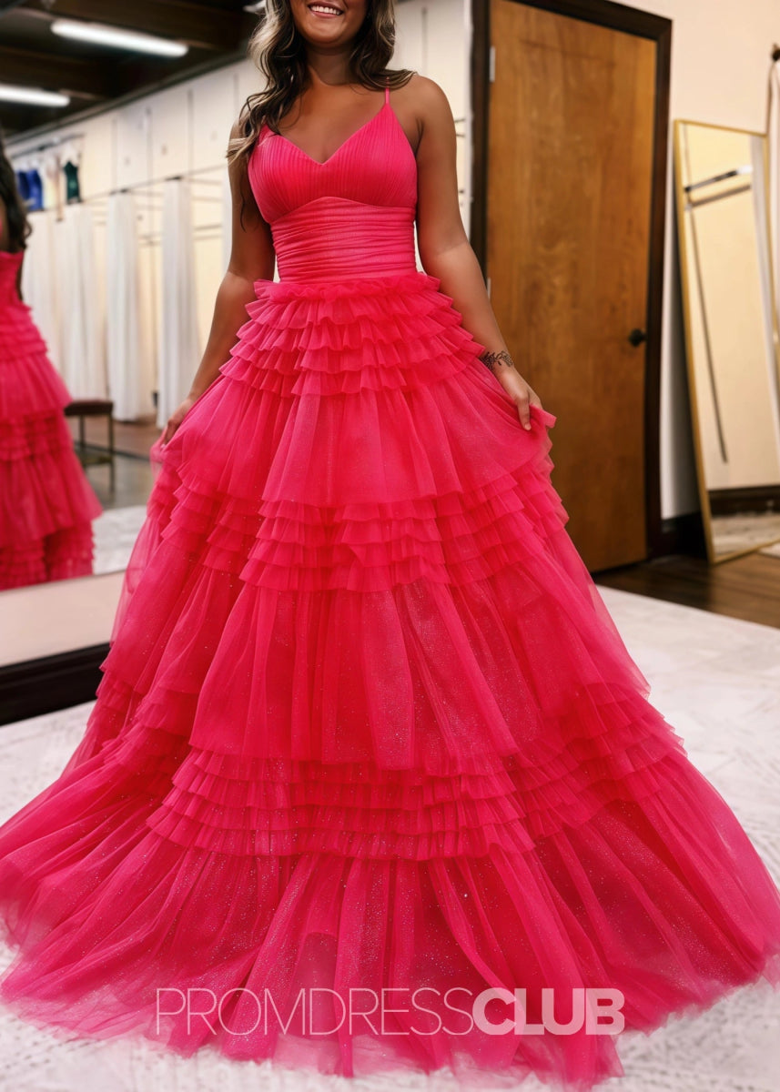 Donna |Long Black Prom Dress Glitter Tulle With A Line Deep V Neck Tiered - Fuchsia - PromDressClub