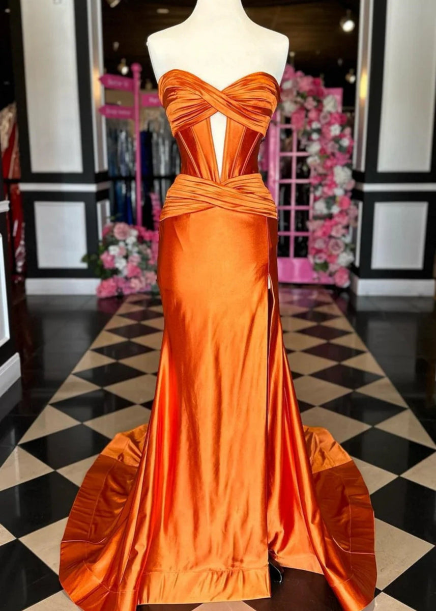 Donna | Mermaid Strapless Emerald Green and Blue Corset Prom Dress Split with Train - Orange - PromDressClub