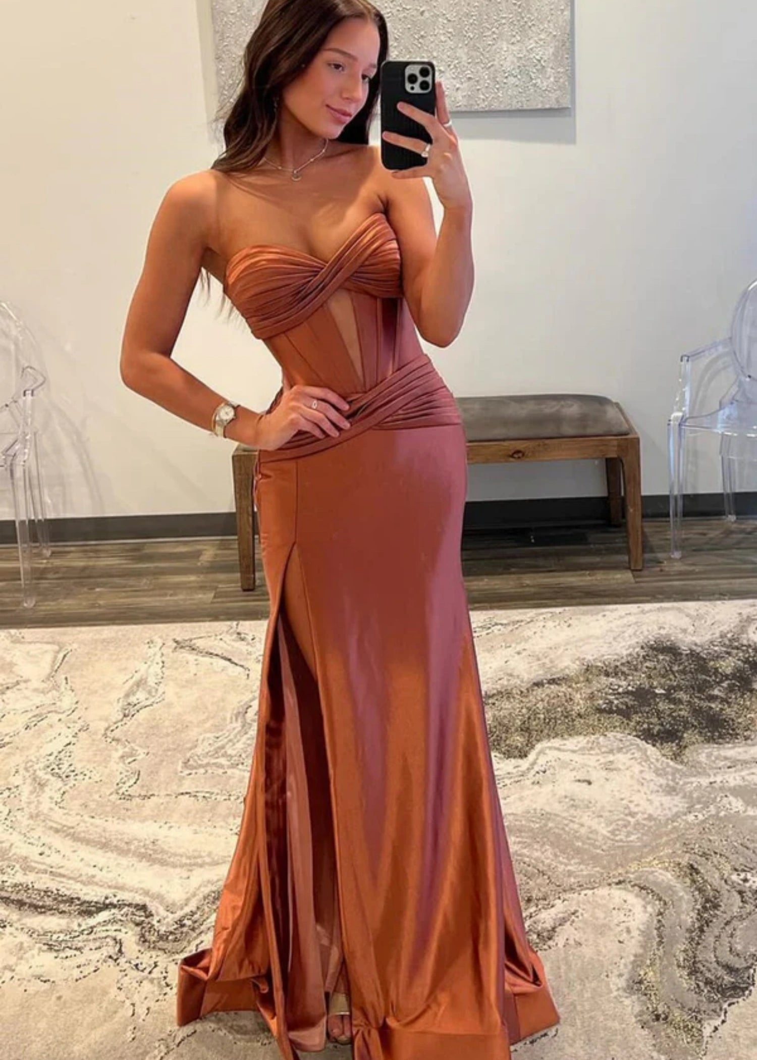 Donna |Mermaid Sweetheart Green Satin Long Prom Dress With Slit - Brown - US0 - PromDressClub