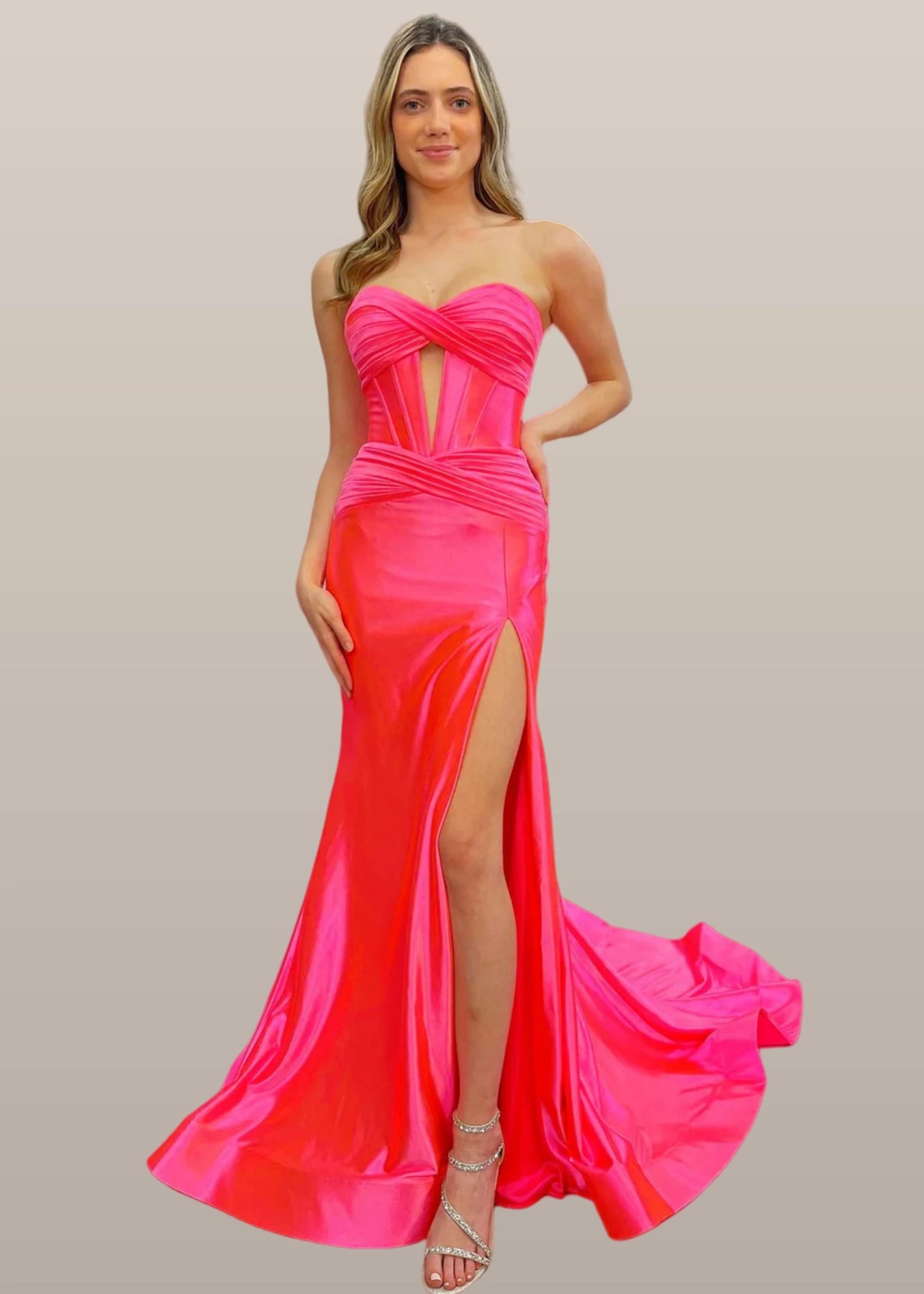 Donna |Mermaid Sweetheart Green Satin Long Prom Dress With Slit - Hot Pink - US0 - PromDressClub