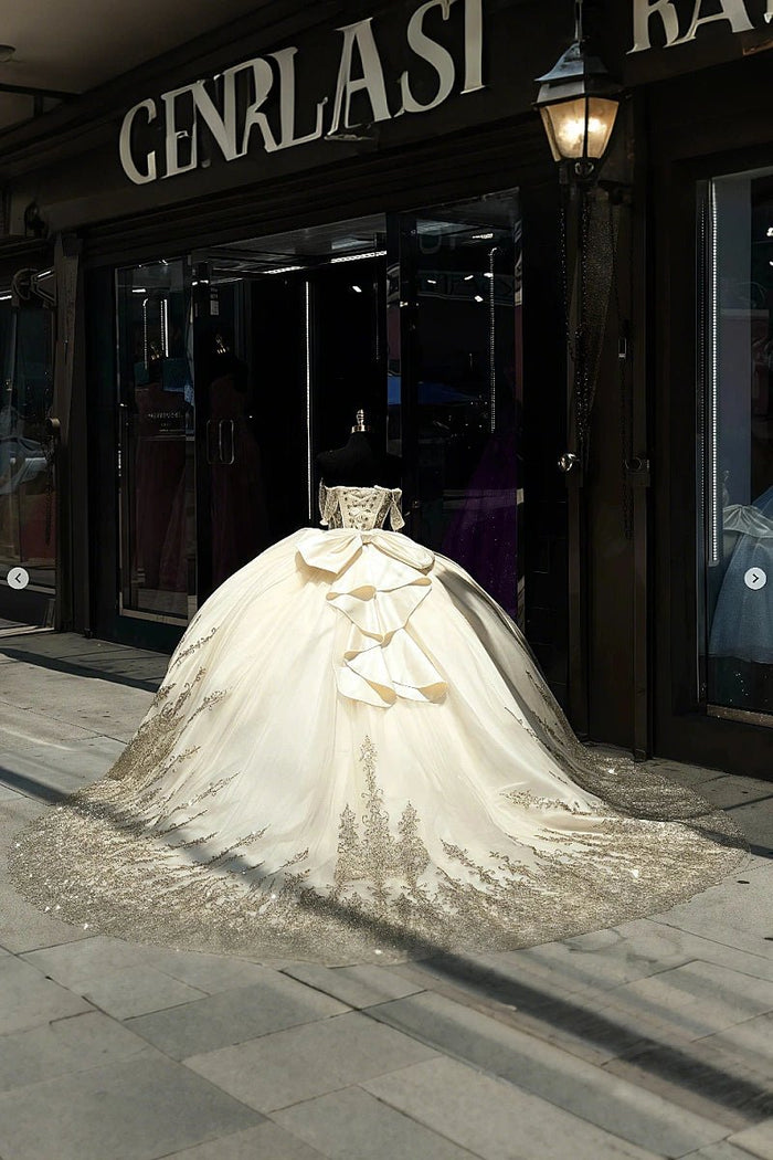 Dora | Gorgeous Light Pink and Gold Quinceanera Dresses with Bow - Perfect for Memorable Celebrations - Champagne - PromDressClub