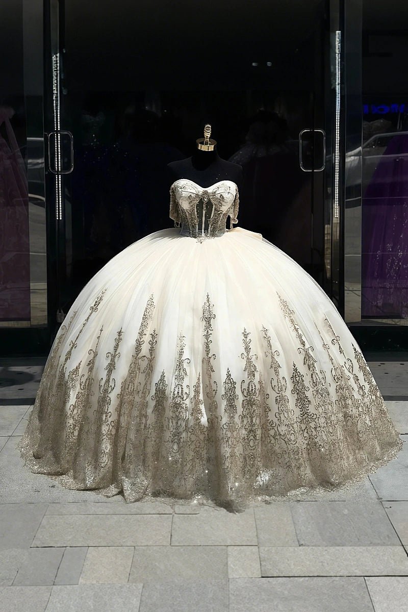 Dora | Gorgeous Light Pink and Gold Quinceanera Dresses with Bow - Perfect for Memorable Celebrations - Champagne - PromDressClub