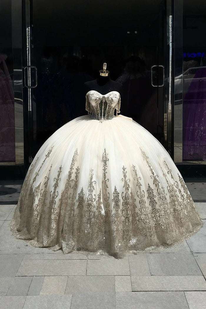 Dora | Gorgeous Light Pink and Gold Quinceanera Dresses with Bow - Perfect for Memorable Celebrations - Champagne - PromDressClub