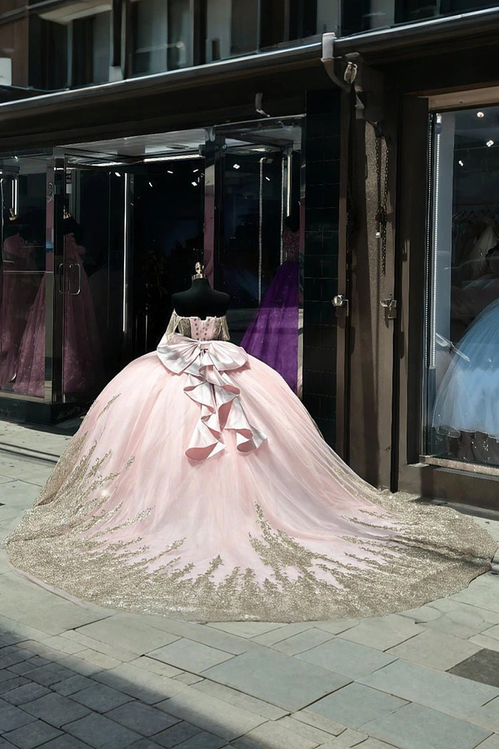 Dora | Gorgeous Light Pink and Gold Quinceanera Dresses with Bow - Perfect for Memorable Celebrations - Light Pink - PromDressClub