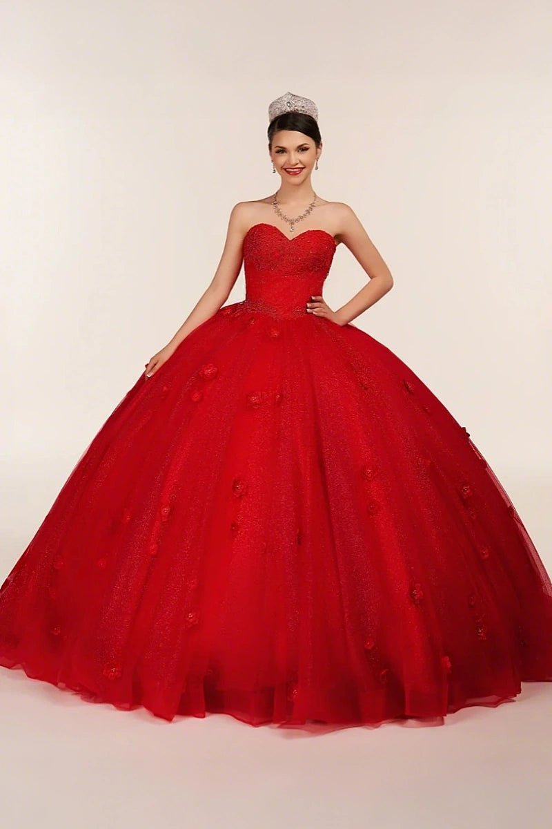 Dorothy | Gorgeous Glitter Red 3D Flower Quinceanera Dresses - Available in Fuchsia, Navy Blue, Royal Blue & Black! - Red - PromDressClub