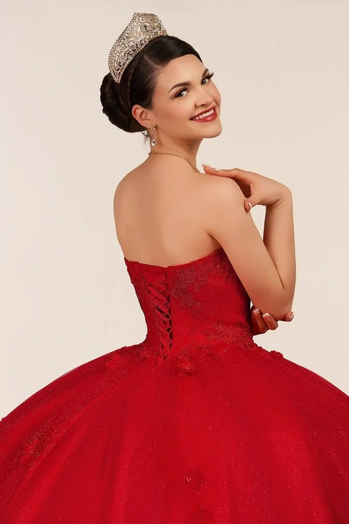 Dorothy | Gorgeous Glitter Red 3D Flower Quinceanera Dresses - Available in Fuchsia, Navy Blue, Royal Blue & Black! - Red - PromDressClub