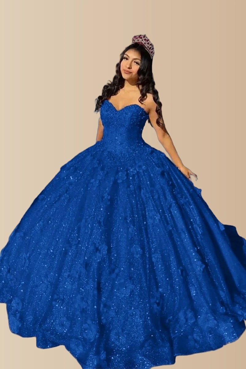 Dorothy | Gorgeous Glitter Red 3D Flower Quinceanera Dresses - Available in Fuchsia, Navy Blue, Royal Blue & Black! - Royal Blue - PromDressClub