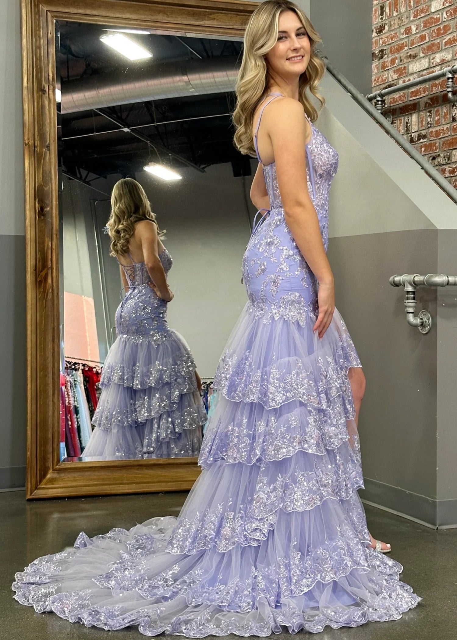 Dorothy |Mermaid One Shoulder Tiered Red Lace Long Prom Dress With Slit - Lavender - US0 - PromDressClub