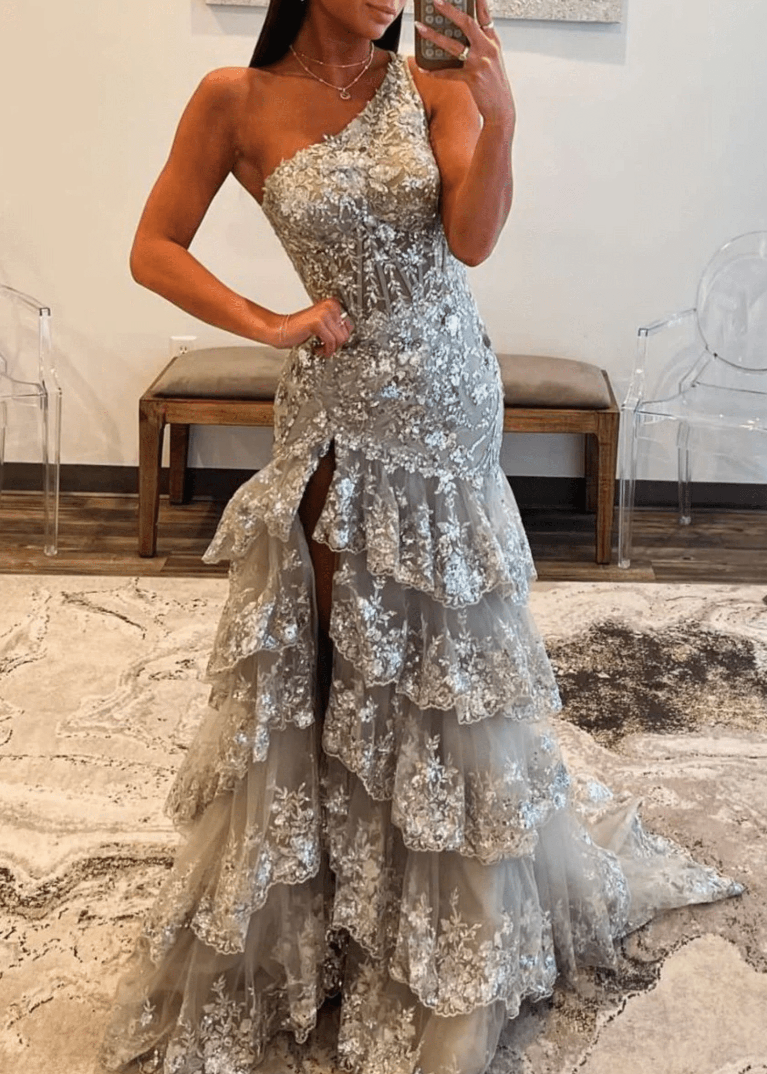 Dorothy |Mermaid One Shoulder Tiered Red Lace Long Prom Dress With Slit - Silver - US0 - PromDressClub