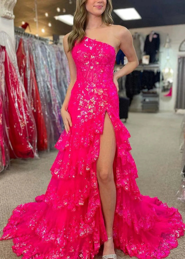 Dorothy | Red Lavender Mermaid One Shoulder Sequin Formal Dresses with Ruffles - Fuchsia - PromDressClub