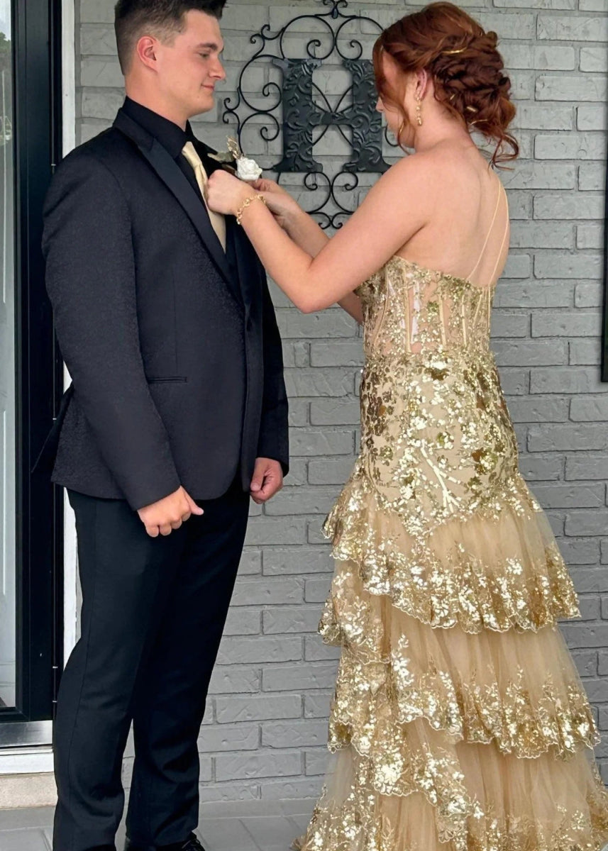 Dorothy | Red Lavender Mermaid One Shoulder Sequin Formal Dresses with Ruffles - Gold - PromDressClub