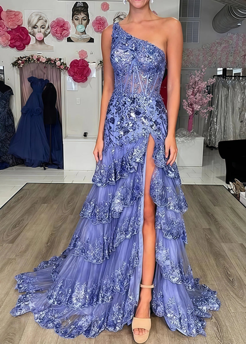 Dorothy | Red Lavender Mermaid One Shoulder Sequin Formal Dresses with Ruffles - Lilac - PromDressClub