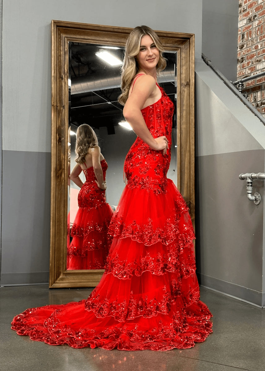 Dorothy | Red Lavender Mermaid One Shoulder Sequin Formal Dresses with Ruffles - Red - PromDressClub